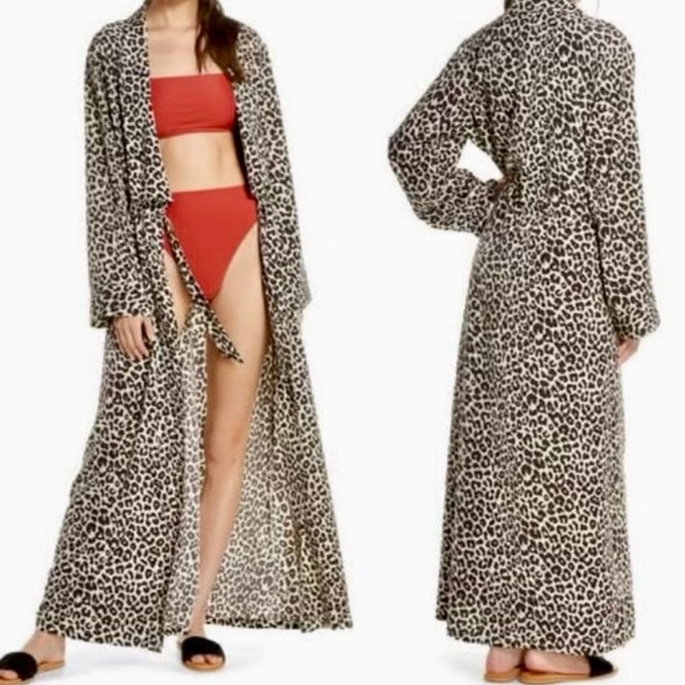 SOMETHING NAVY Brown Leopard Print Swim Coverup Robe Kimono Wrap